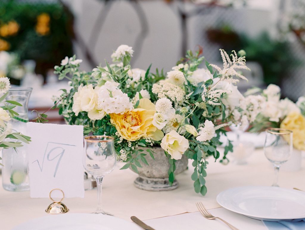 Darlington House in La Jolla wedding reception table yellow flowers photo