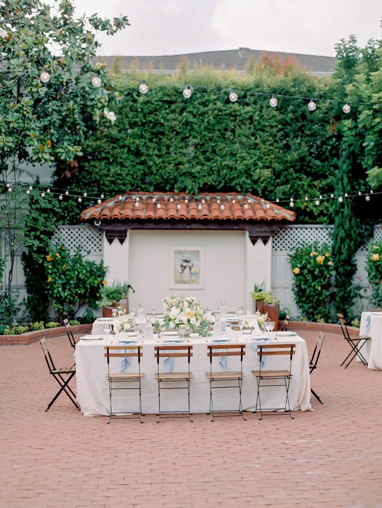 Darlington House in La Jolla wedding reception table blue and yellow mediterranean decor lemon trees photo