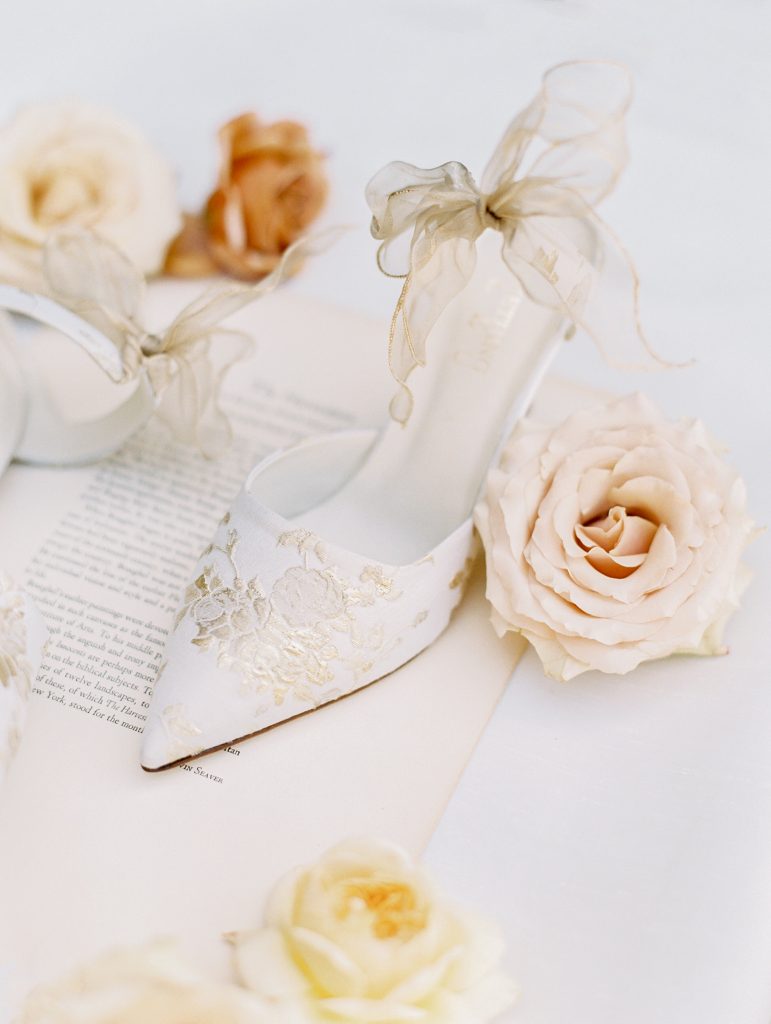Kestrel Park in Santa Ynez wedding brides shoe with pink roses photo